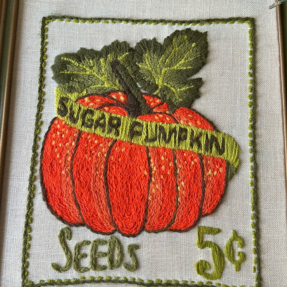 Vintage Crewel Needlepoint Pumpkin Artwork - Picture 2 of 3